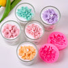 A collection of silicone molds in various shades of pink, purple, and green for making candles and soaps.