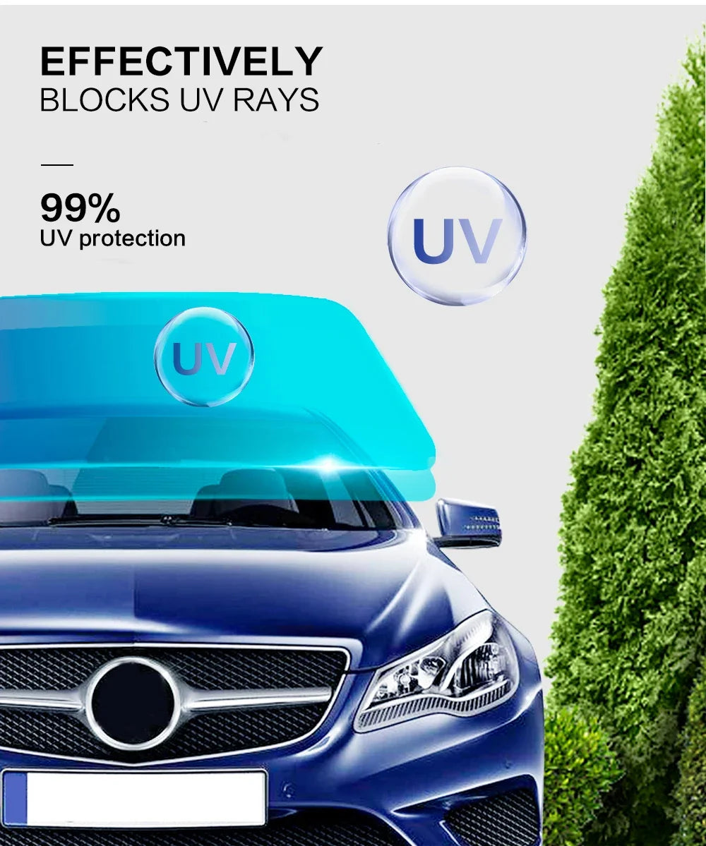 A close-up of a blue car's windshield showing UV protection film applied, with text indicating 99% UV protection.