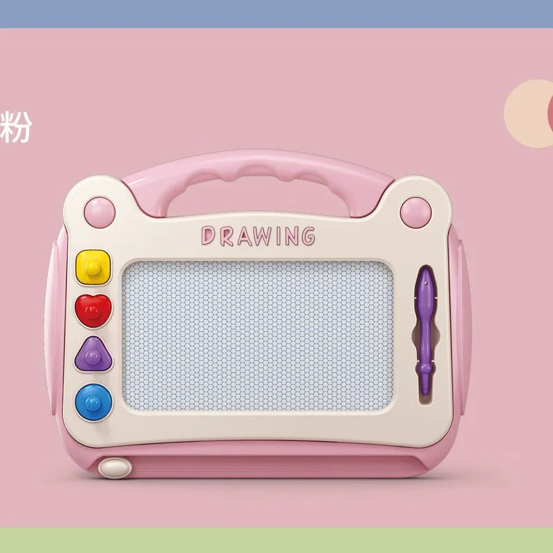 A pink magnetic drawing board for kids with a clear surface and an eraser pen.
