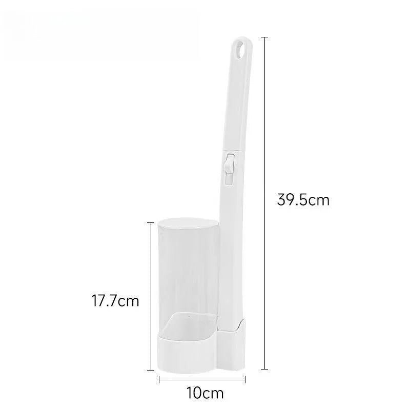 A white disposable toilet brush set with replaceable heads shown in a vertical orientation.