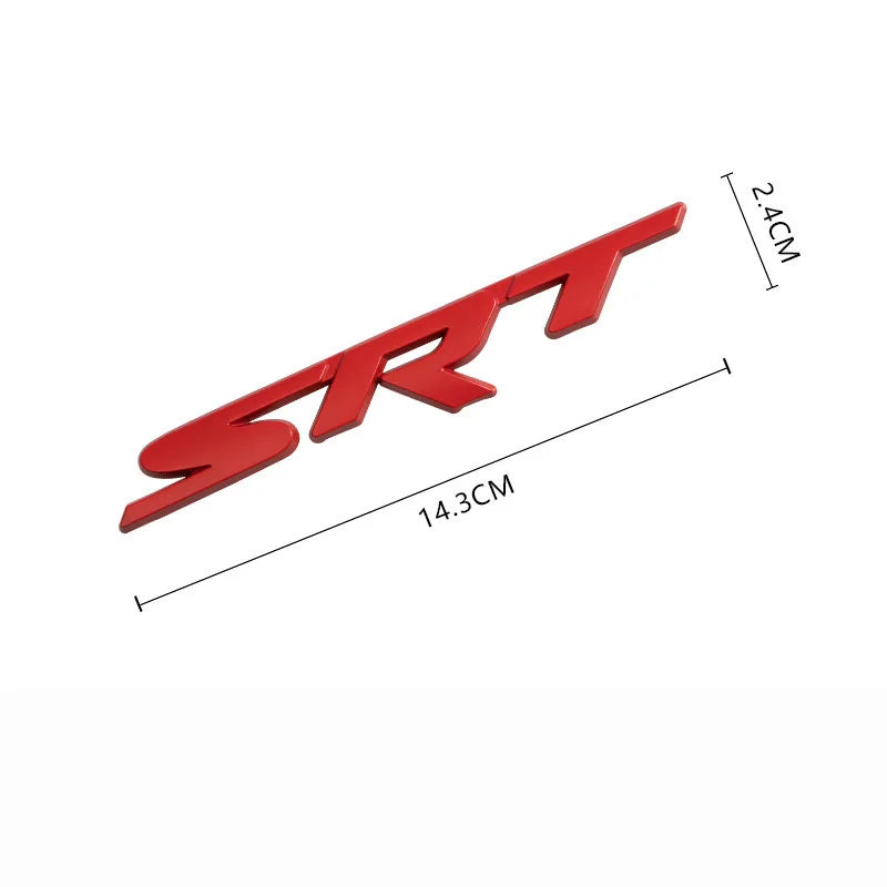 Red metal Dodge SRT grille emblem with dimensions 2.4cm high and 14.3cm long