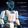 A white interactive robot with blue breathing lights, a built-in battery, and various sensors.