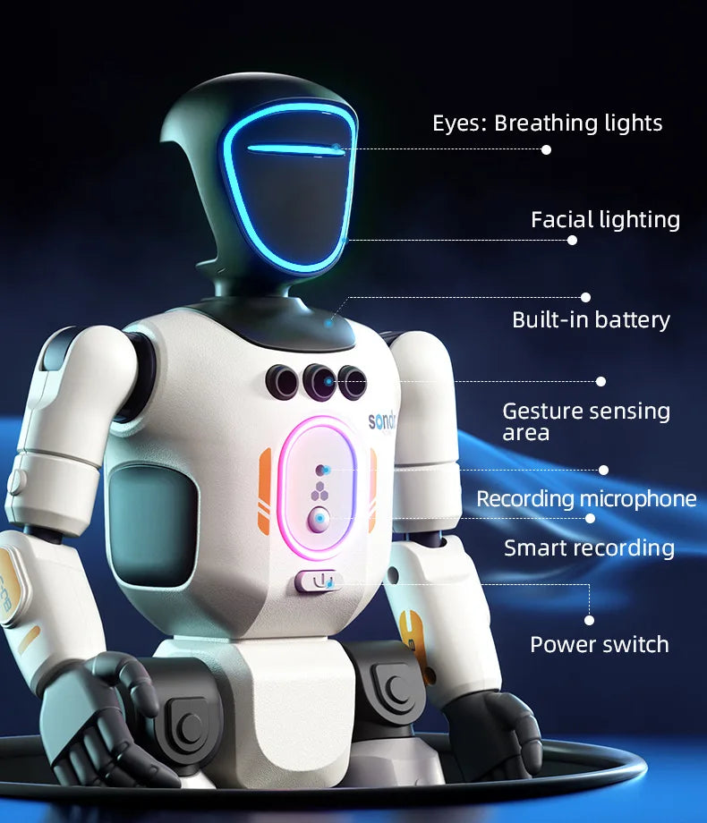 A white interactive robot with blue breathing lights, a built-in battery, and various sensors.