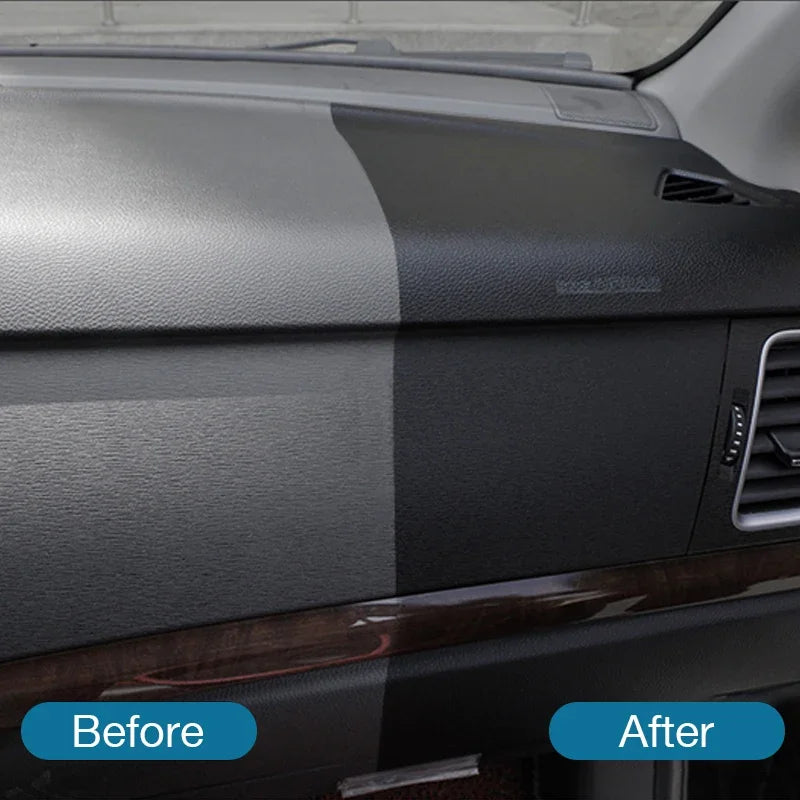 Before and after comparison of a car plastic and leather restorer application on a car interior panel.