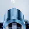 Close-up view of a blue foldable handheld car vacuum cleaner with a visible suction mechanism.