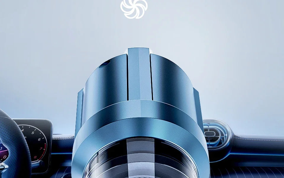 Close-up view of a blue foldable handheld car vacuum cleaner with a visible suction mechanism.