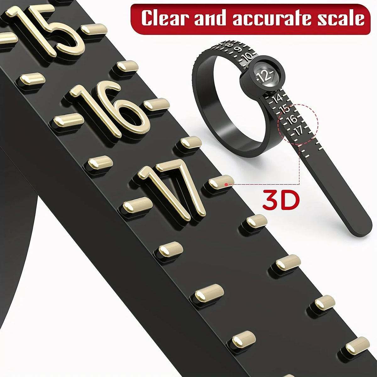 A black ruler shows numbers 15 through 17, next to a ring sizing tool with a magnifier.