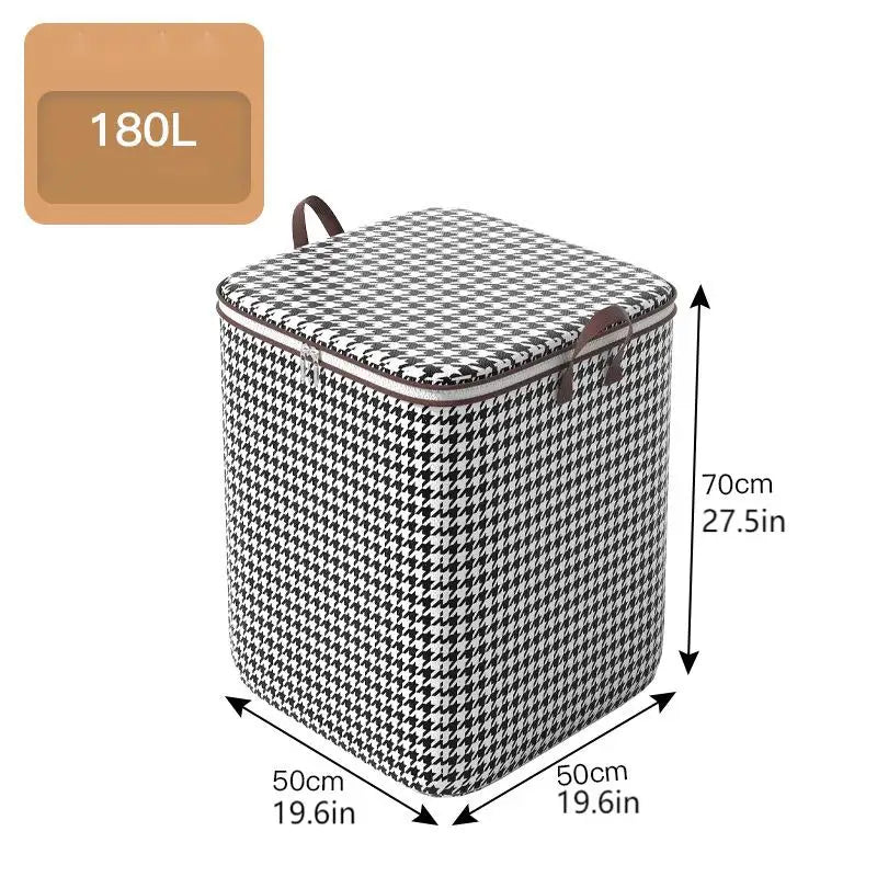 A rectangular storage box with a checkered pattern, measuring 70cm x 50cm x 50cm.