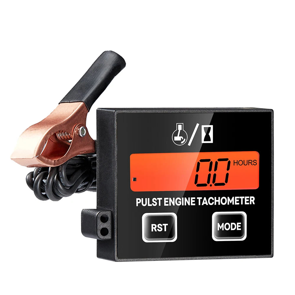 A black digital pulse engine tachometer with an inductive sensor and a copper-colored connector.
