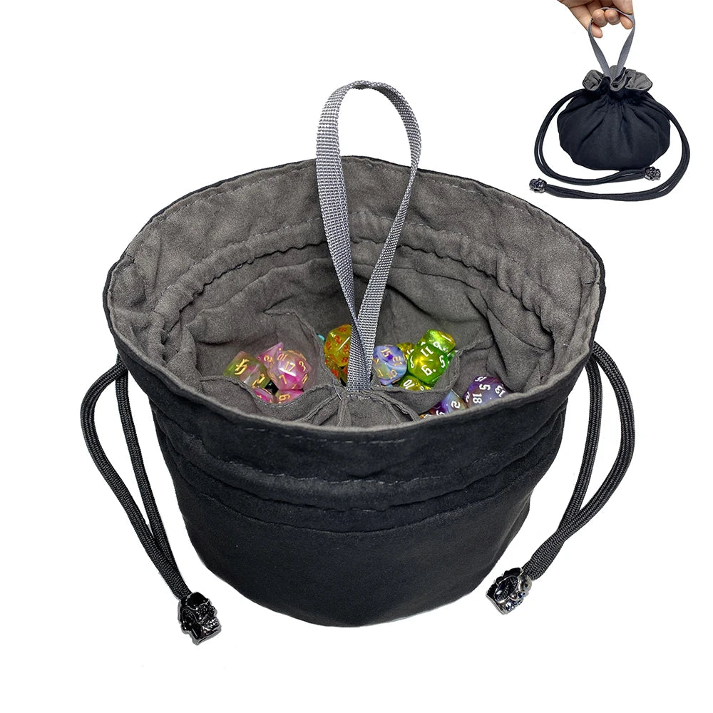 Black velvet dice storage pouch with drawstring and attached loop for easy carrying