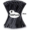 A stack of 100 black nylon cable ties, measuring 4 inches long, used for organizing and securing cables.