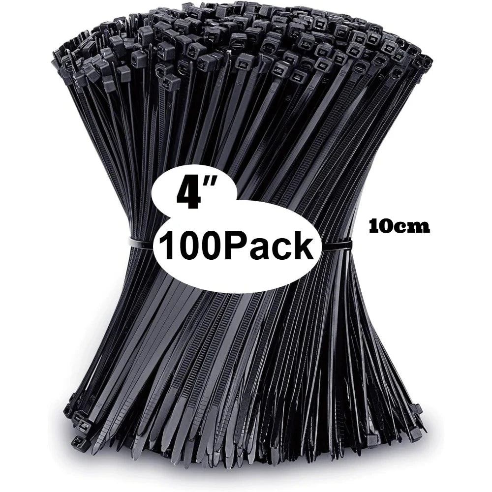 A stack of 100 black nylon cable ties, measuring 4 inches long, used for organizing and securing cables.