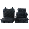 Black rugged waterproof hard case with customizable foam insert shown in multiple configurations