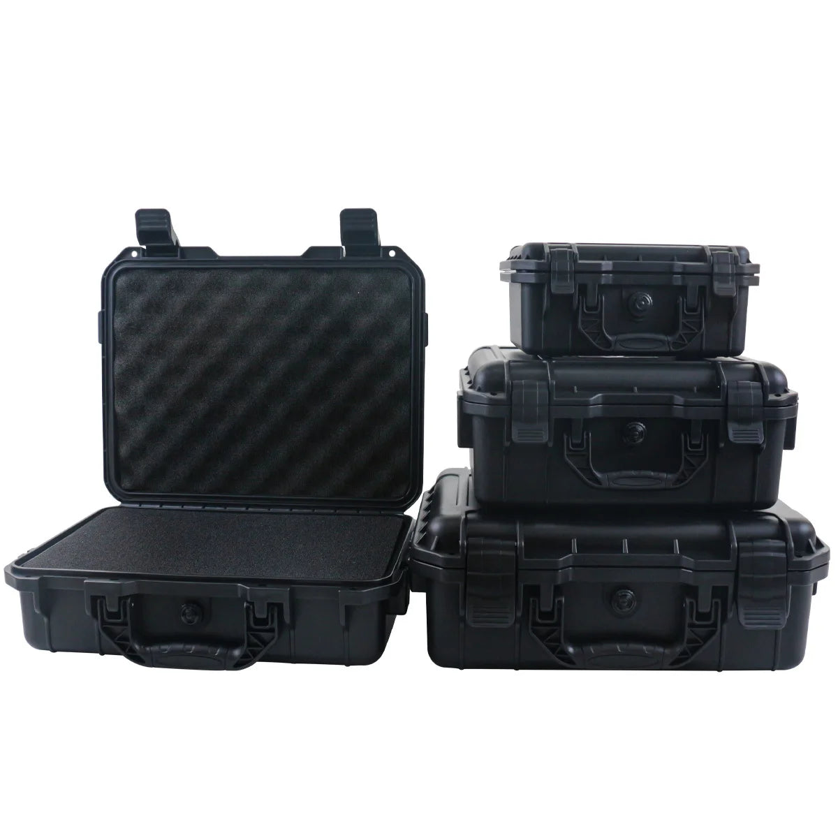 Black rugged waterproof hard case with customizable foam insert shown in multiple configurations