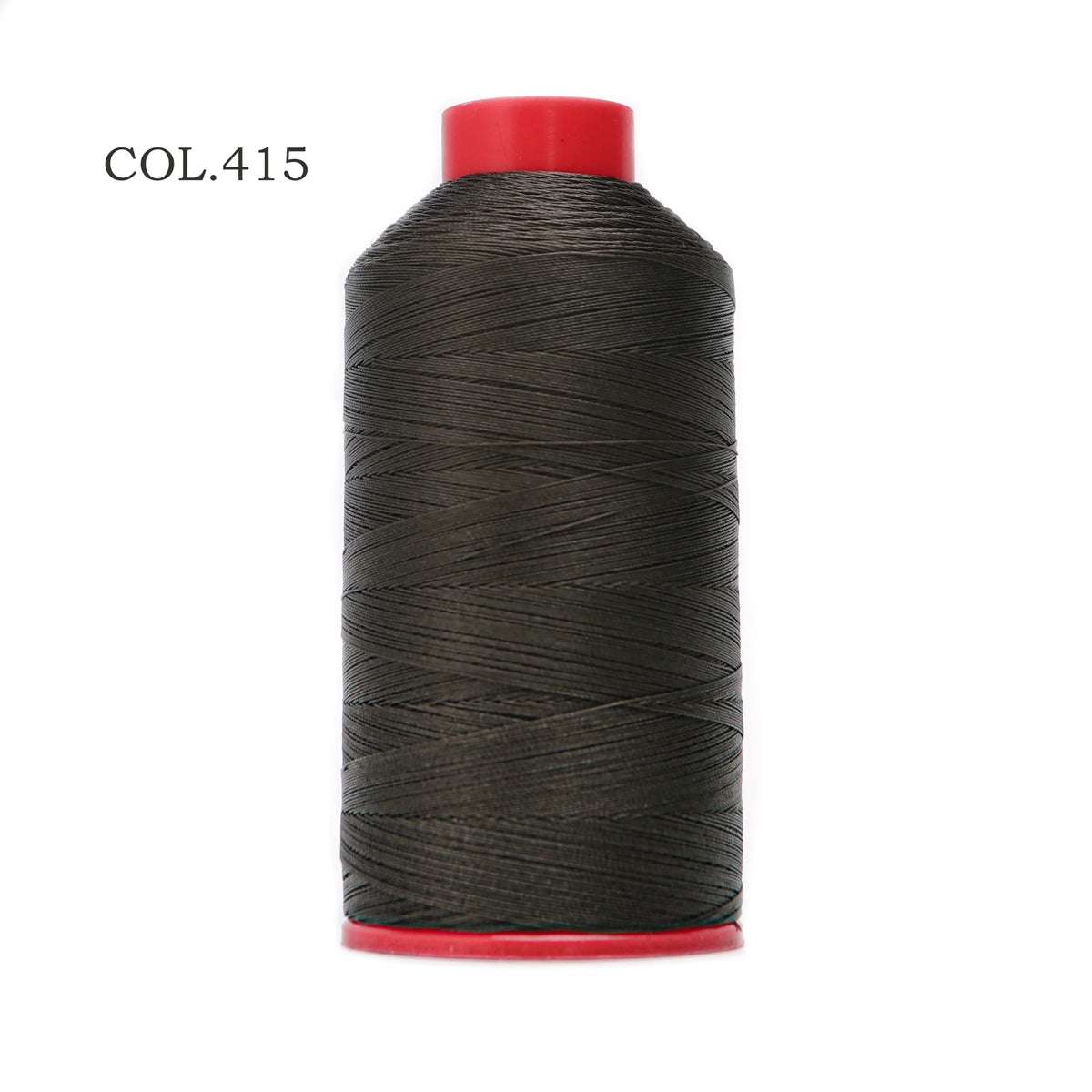 A spool of black heavy-duty nylon bonded thread with a red cap.