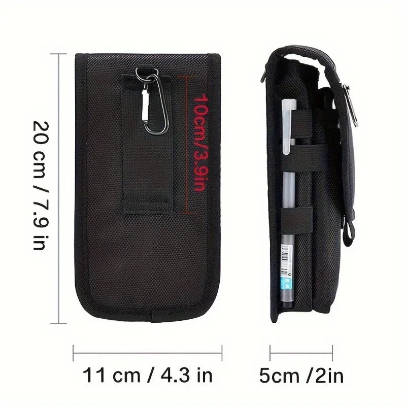 Pochette de téléphone multifonctionnelle noire avec sangle et compartiments intérieurs.