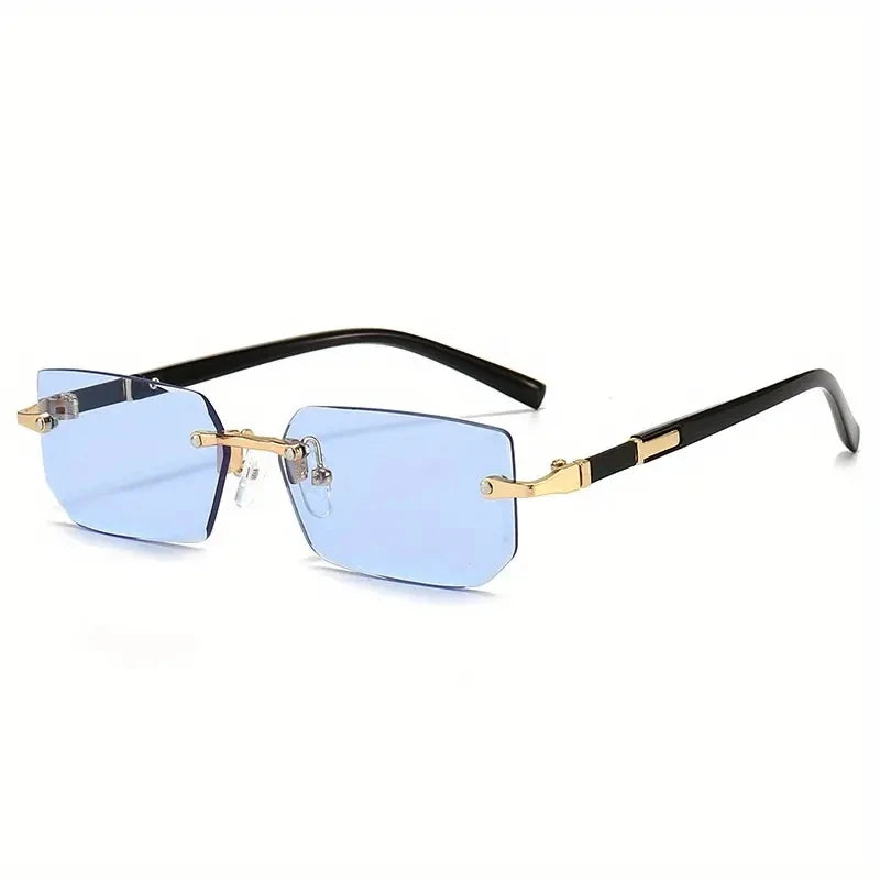 Lunettes rectangulaires sans monture avec des verres miroirs bleus et des montures noires