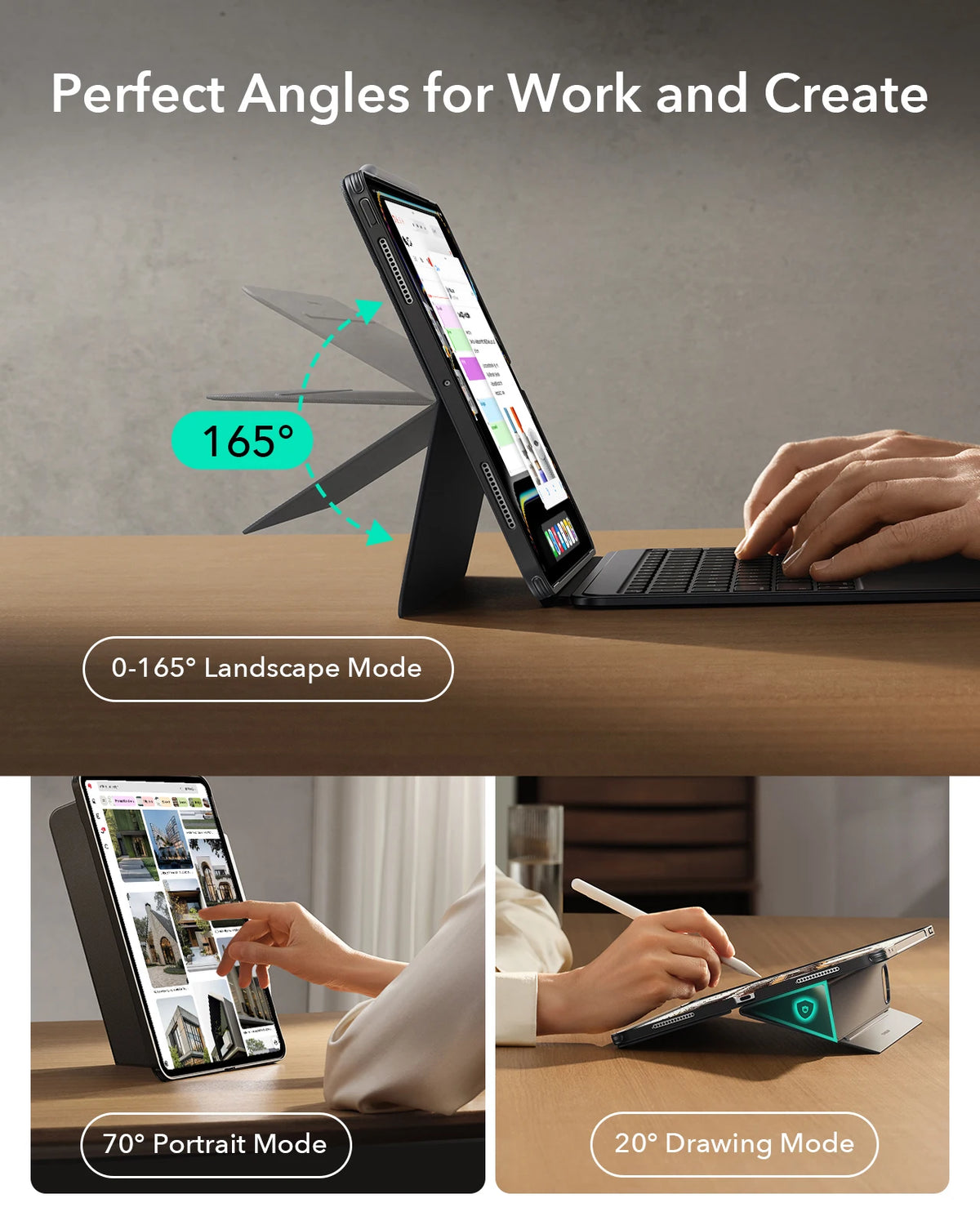 Estuche de teclado desmontable magnético para iPad, mostrando modos horizontal y vertical para tareas de trabajo y creativida