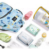 A blue and yellow waterproof diaper bag backpack with straps is shown alongside various baby care items like tissues, bottles