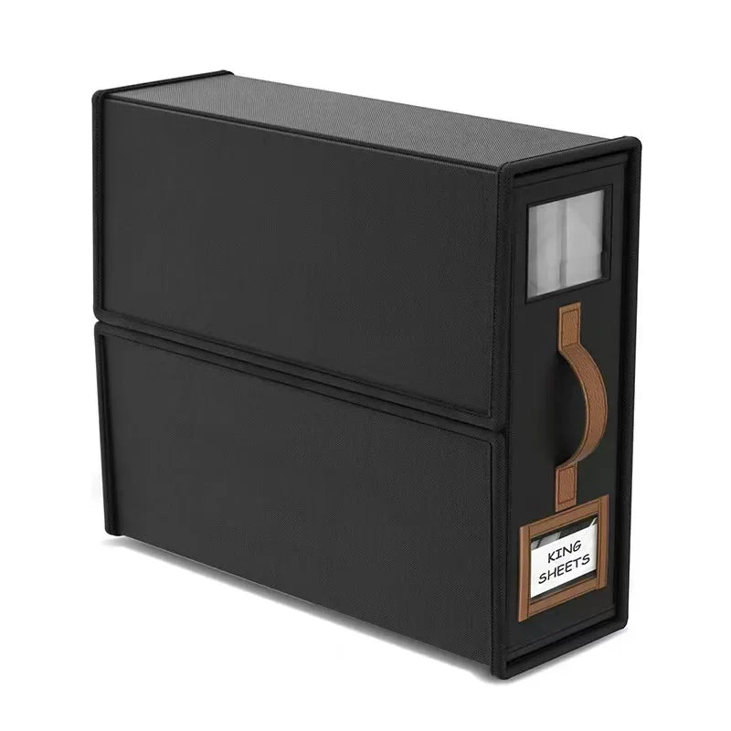 A black foldable bedding storage box with a clear window and wooden accents.