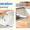 A black touchless automatic soap dispenser is shown dispensing liquid into a glass, highlighting its clog-free operation.