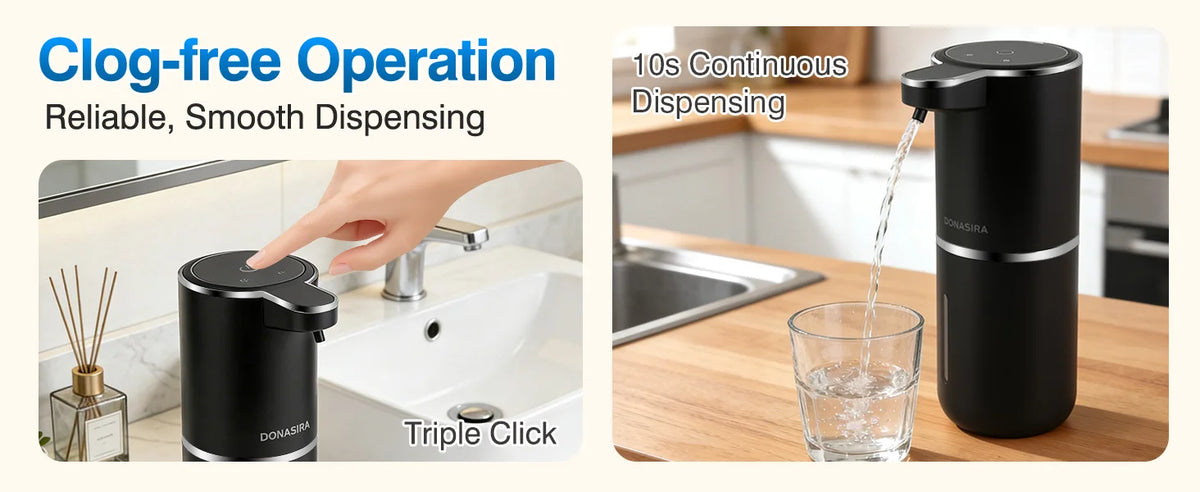 A black touchless automatic soap dispenser is shown dispensing liquid into a glass, highlighting its clog-free operation.