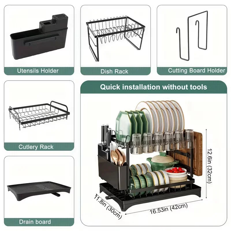 A set of kitchen racks including an utensils holder, dish rack, cutting board holder, cutlery rack, and a multi-tiered drying