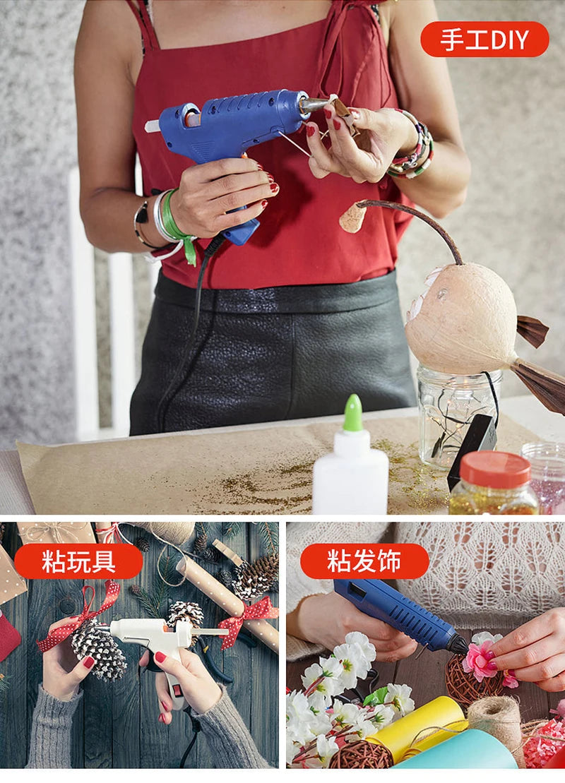 A person is using a hot melt glue gun to apply glue to pine cones and floral arrangements.