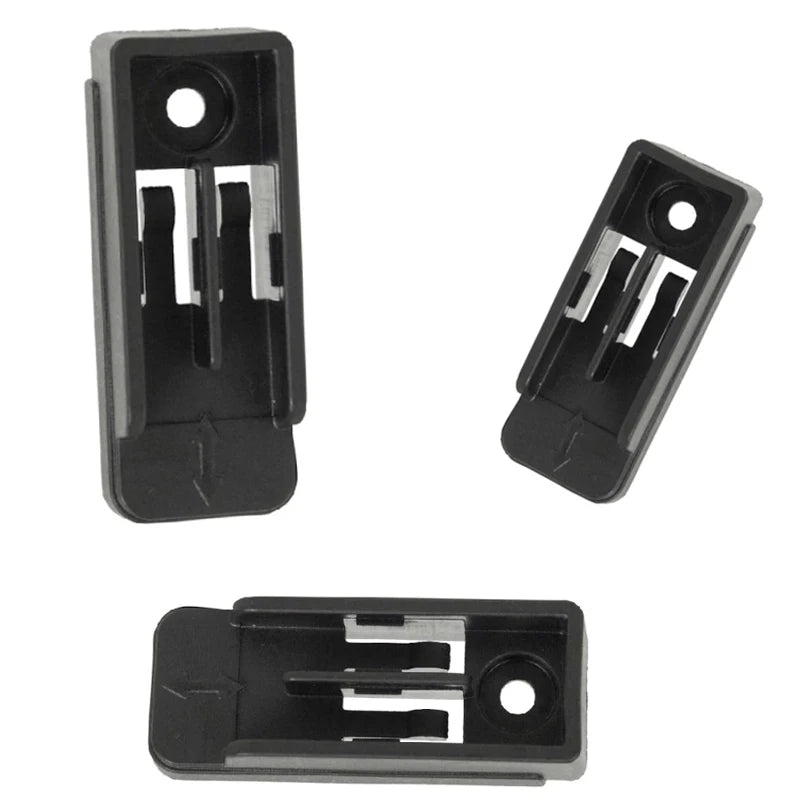 Black plastic belt clip hook bit holder for cordless drills, shown in multiple views.