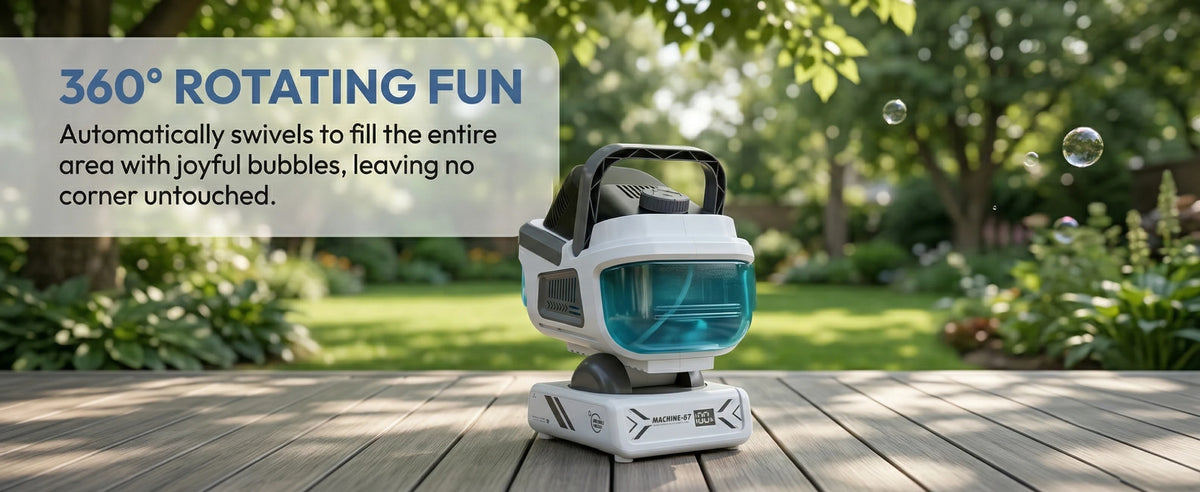 A white 360° rotating bubble machine sits on a wooden surface outdoors.