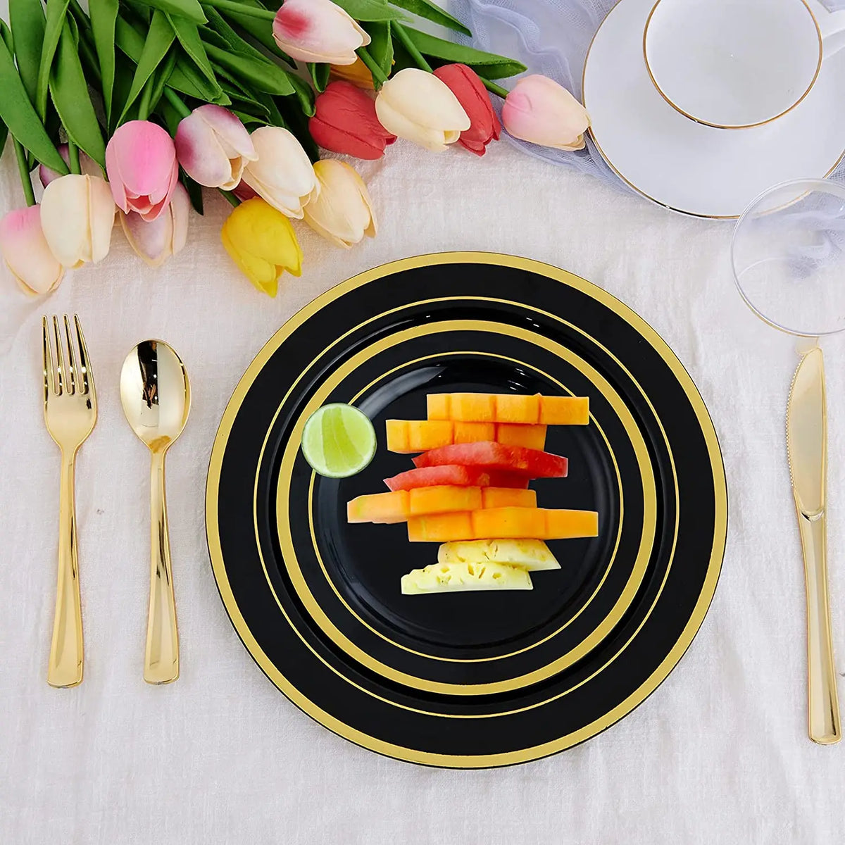 Elegant White Plastic Plates with Gold Rim