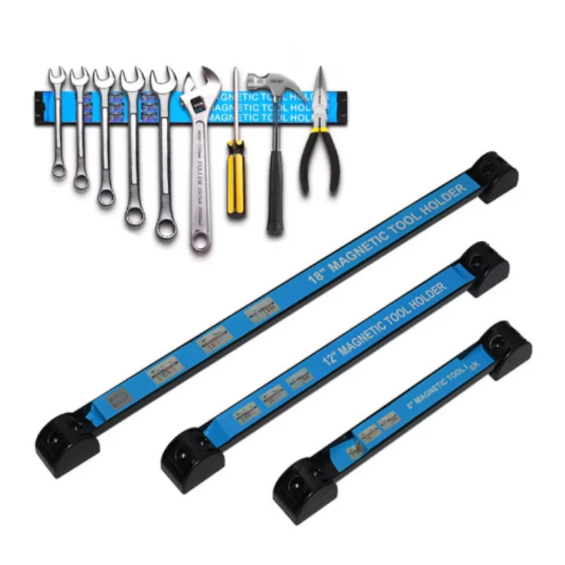 A set of magnetic tool holder strips in various sizes and colors for organizing tools.