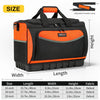 Orange and black heavy-duty tool bag with adjustable shoulder strap shown from the front and side.