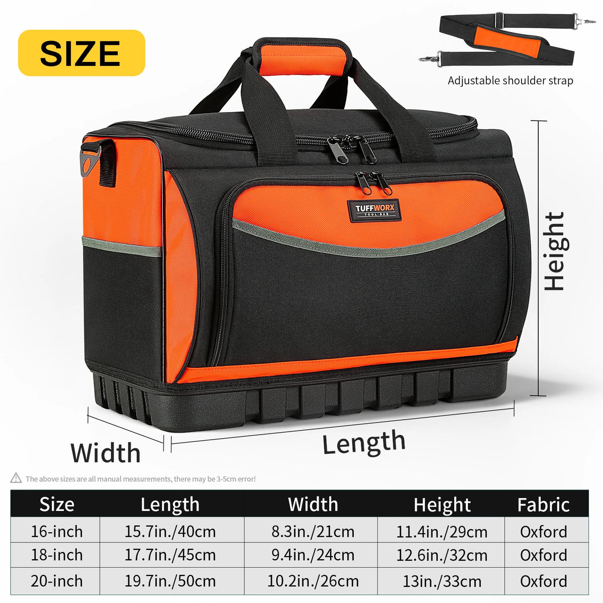 Orange and black heavy-duty tool bag with adjustable shoulder strap shown from the front and side.