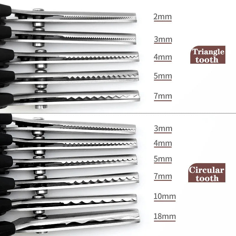 Stainless steel pinking shears with various tooth sizes including triangle and circular options