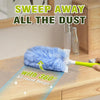 A blue electrostatic duster with a 360-degree swivel head is shown cleaning a wooden surface.