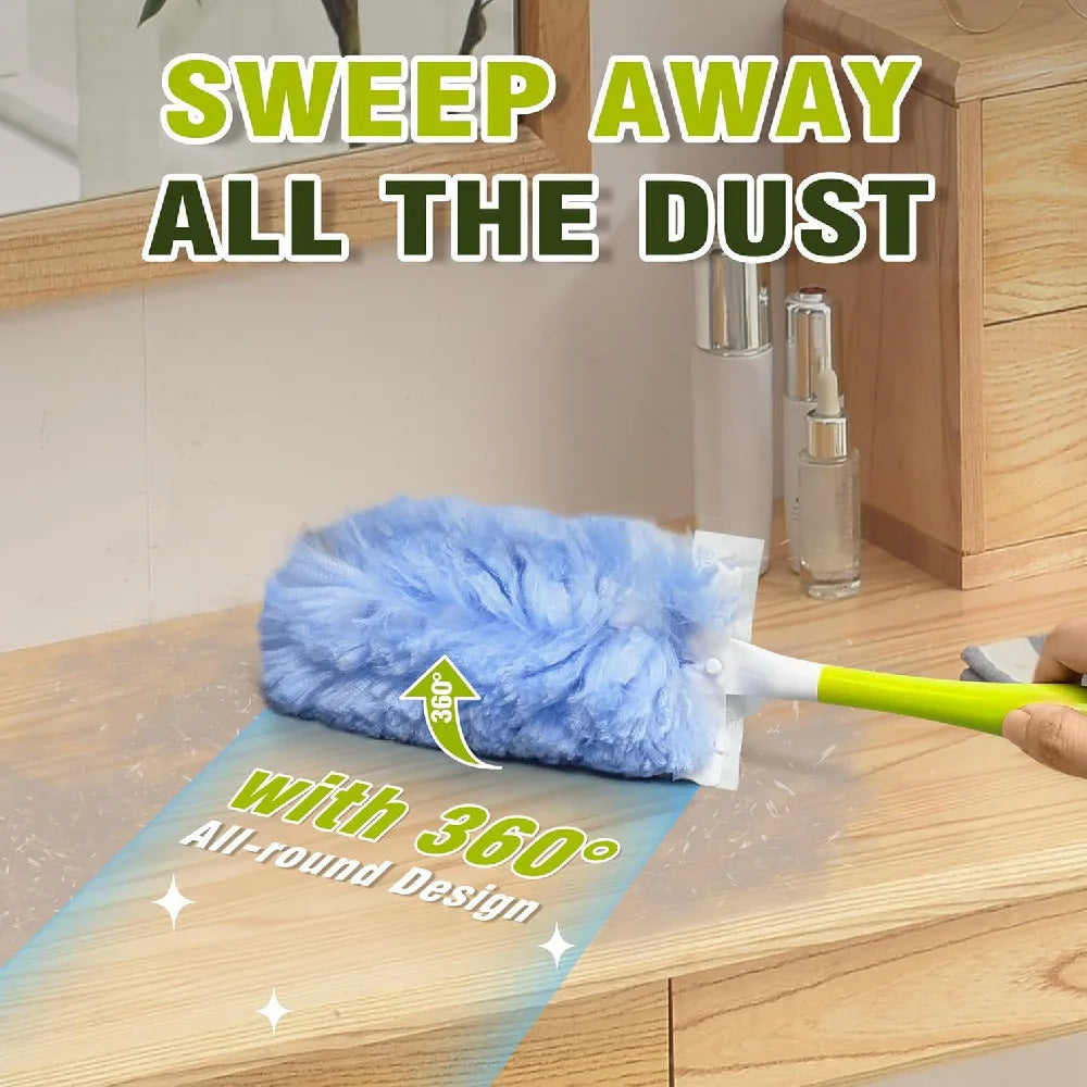 A blue electrostatic duster with a 360-degree swivel head is shown cleaning a wooden surface.