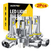 A pair of silver LED light bulbs and mounting hardware are shown next to their packaging box.