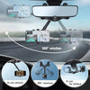 A universal rearview mirror phone mount demonstrating 360-degree rotation and folding capabilities for smartphone mounting.