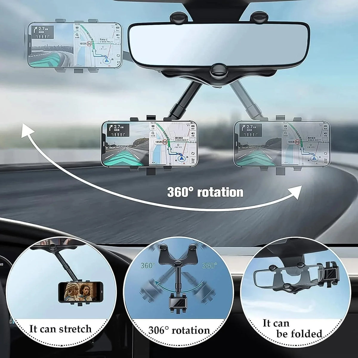A universal rearview mirror phone mount demonstrating 360-degree rotation and folding capabilities for smartphone mounting.