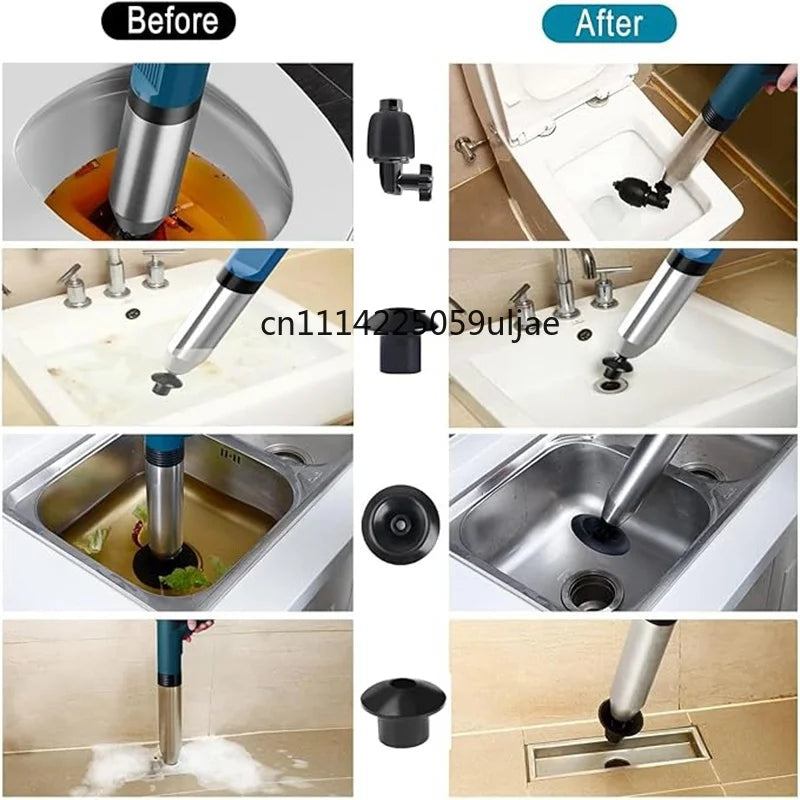 Before and after comparison of a high-pressure pneumatic drain unblocker with a stainless steel shaft used for unclogging dra