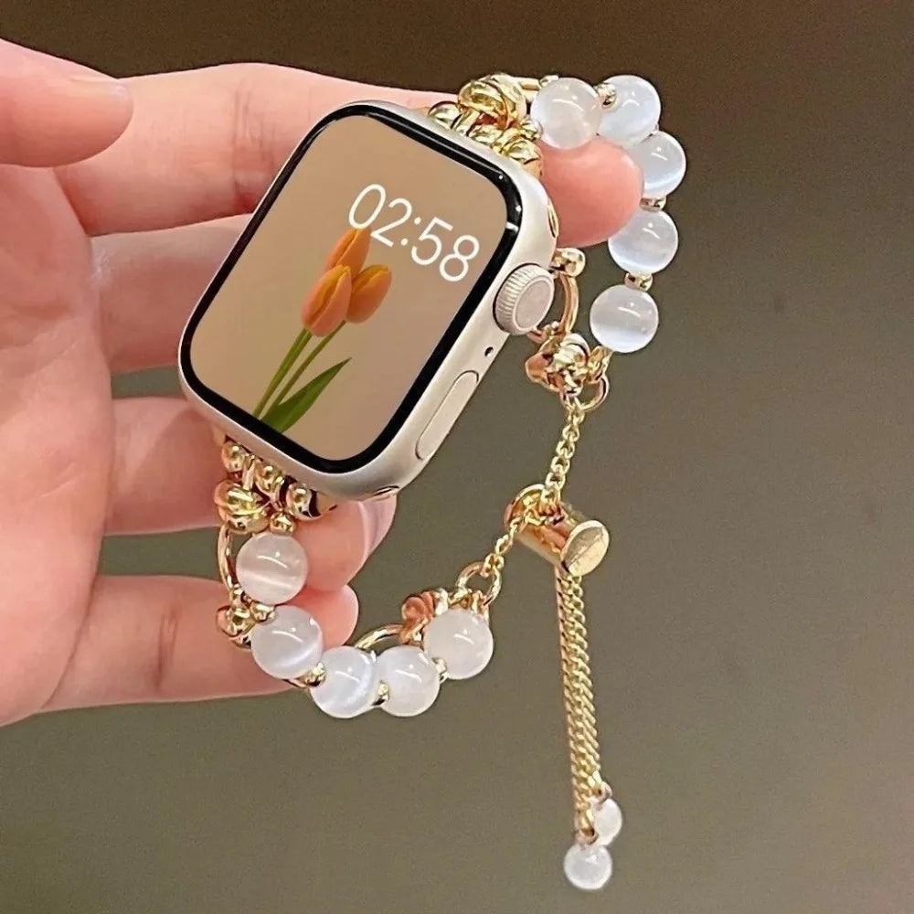 Crystal Bead Watch Strap with Adjustable Metal Link Design