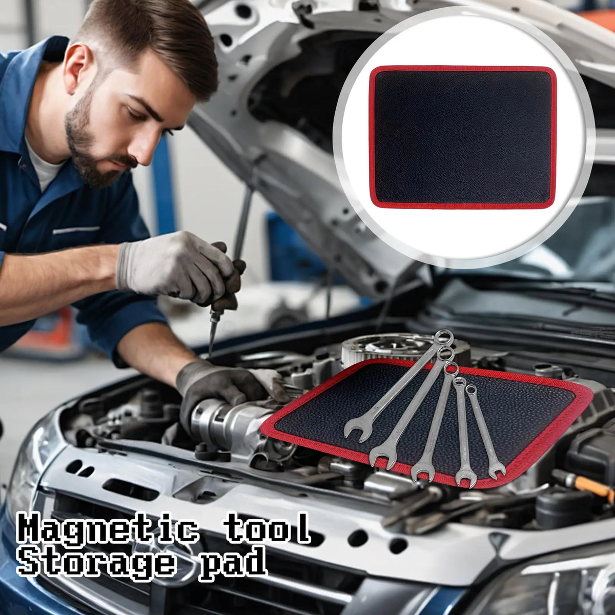 A magnetic tool storage pad is placed on the engine bay of a car, being worked on by a mechanic.