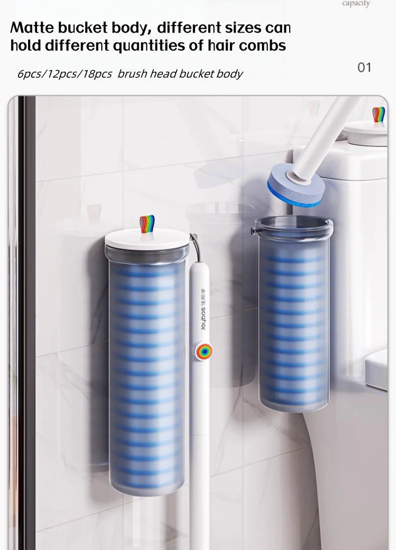 A blue and white striped bucket body for hair combs is shown mounted on a toilet brush holder.