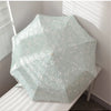 A light blue lace double-layer folding umbrella is shown open on a white surface.