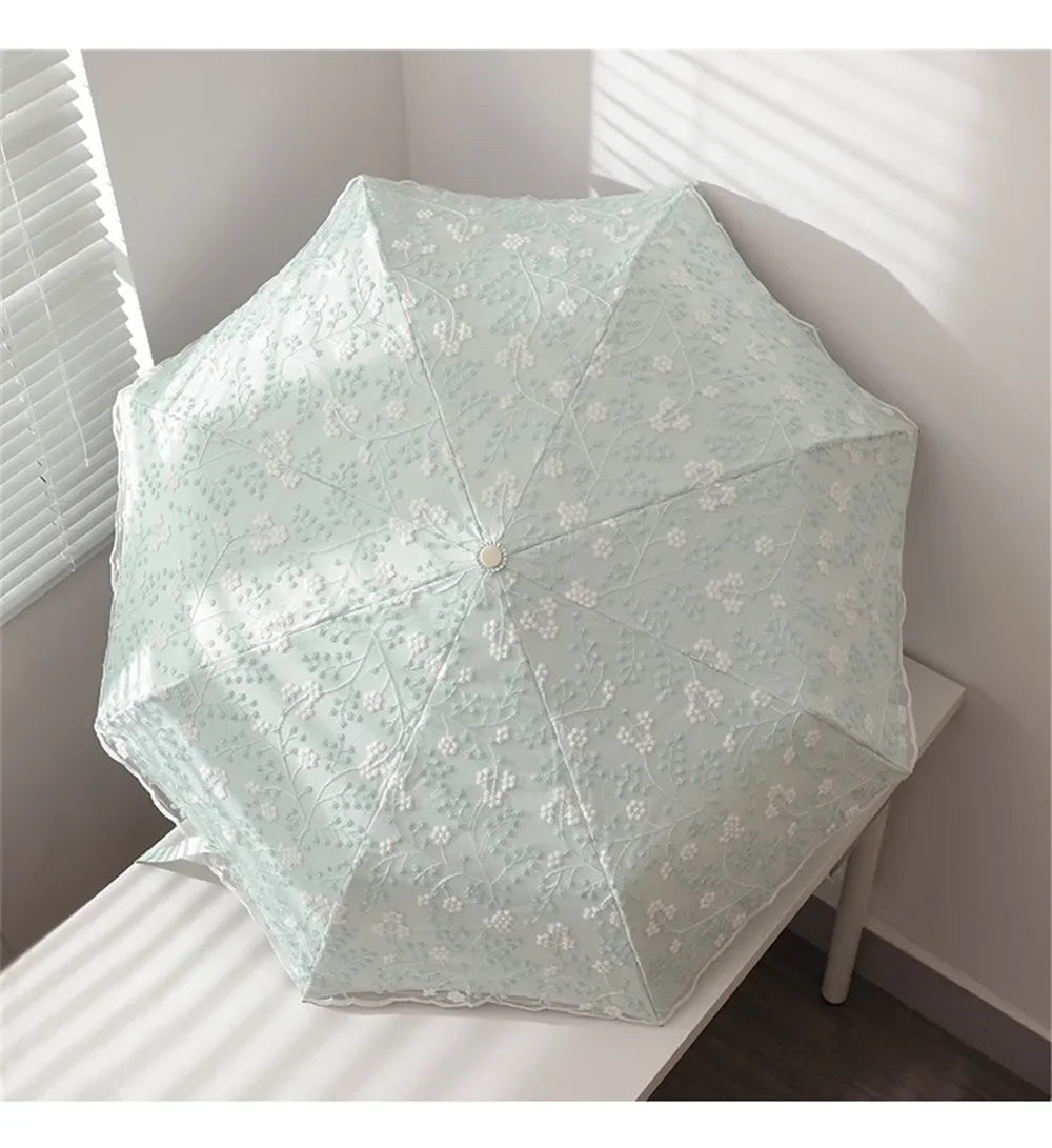 A light blue lace double-layer folding umbrella is shown open on a white surface.