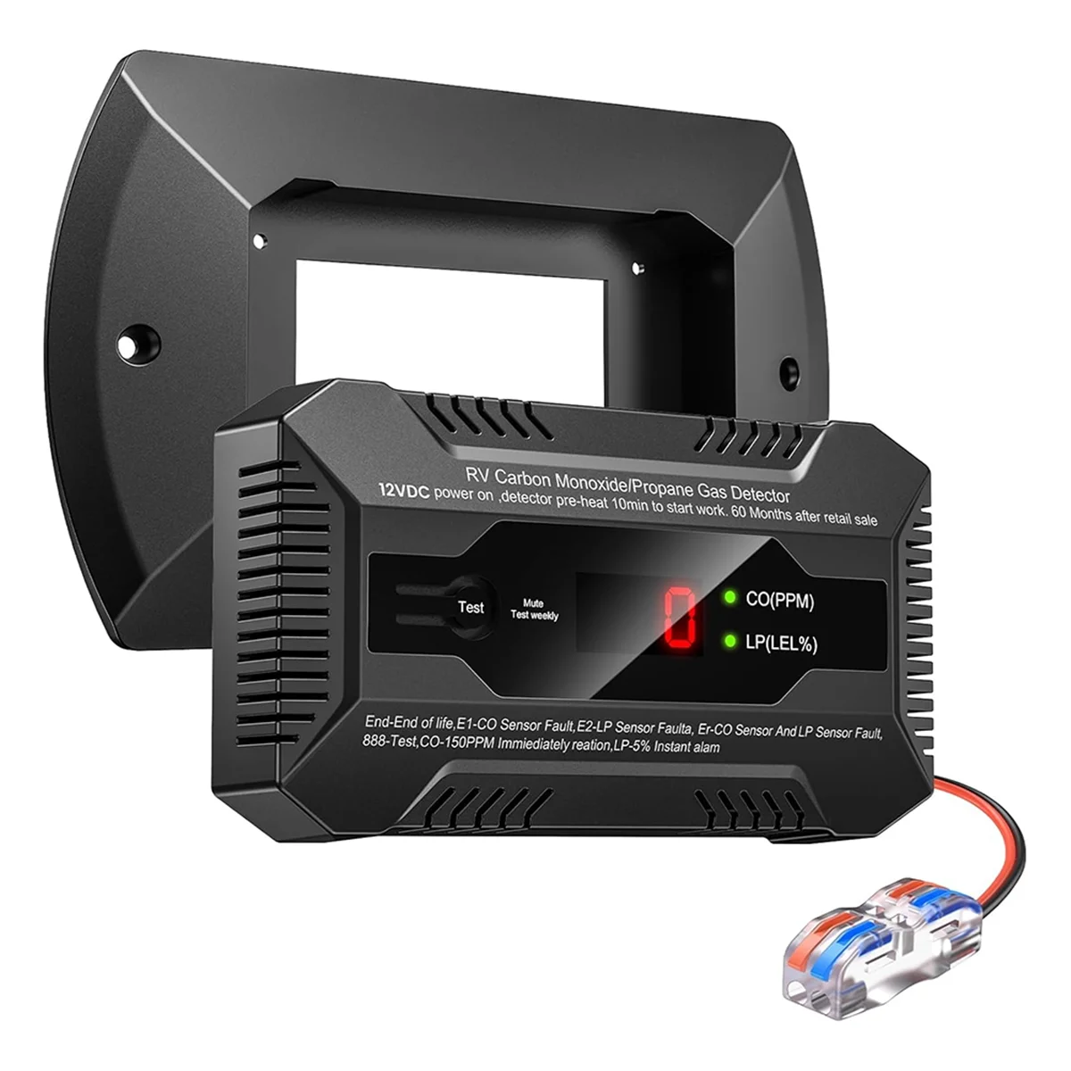 A black RV dual gas detector for propane and carbon monoxide with an LED display and sensor module.