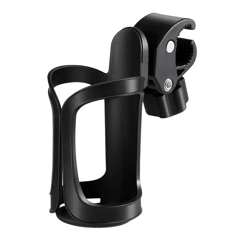 Black 360° rotating bottle holder designed for strollers, bikes, and wheelchairs