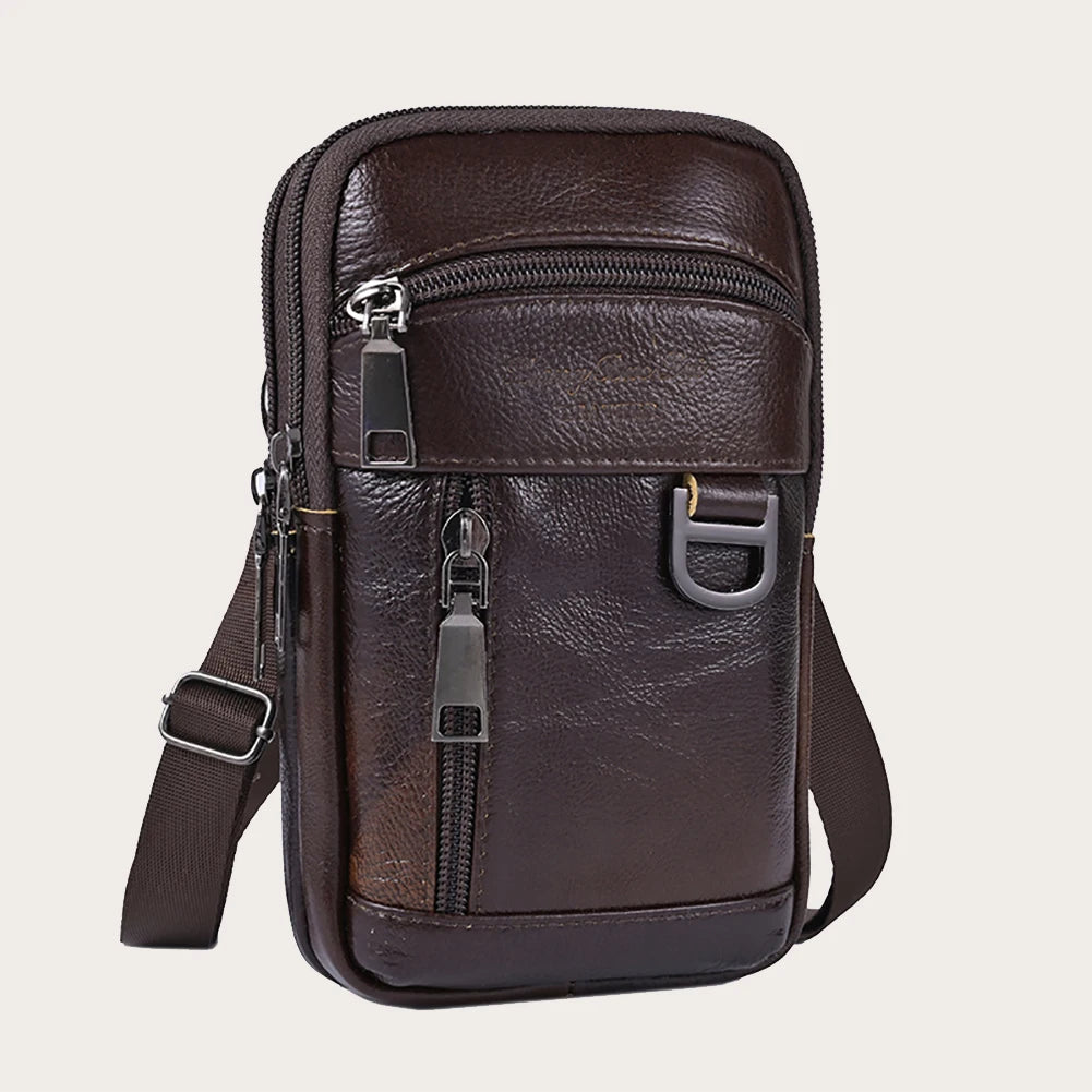 A dark brown vintage genuine cowhide leather crossbody sling bag with a zipper and leather strap.