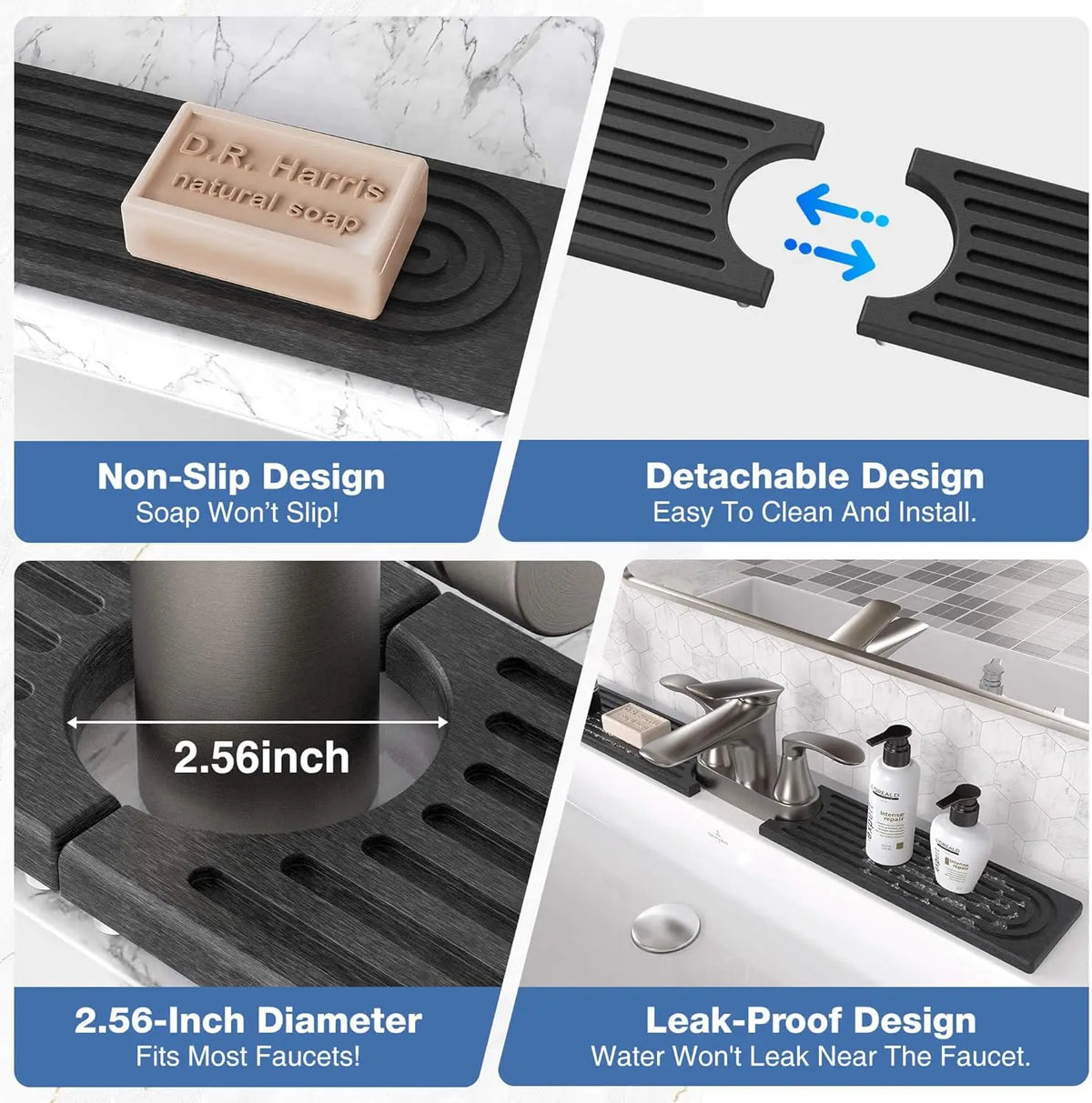 Black diatomite faucet mat with a non-slip, detachable design and 2.56-inch diameter for easy cleaning.